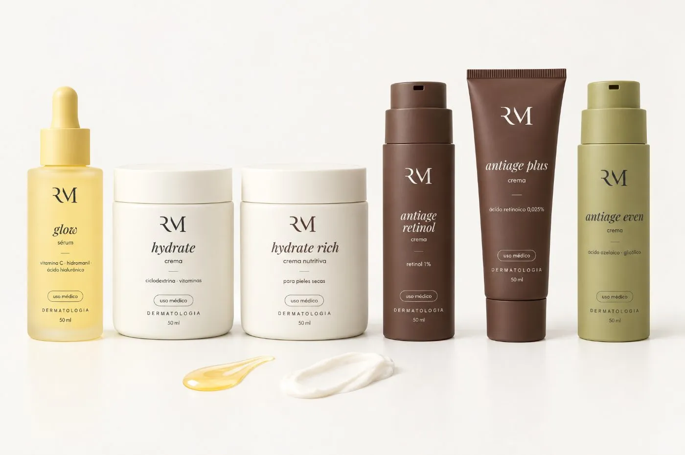 Línea de cremas RM: Antiage Retinol, Retinol Complex, Even y humectantes